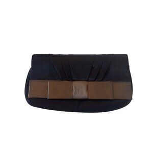 Black Satin Evening Clutch Purse With Brown Bow Accent & Magnetic Closure